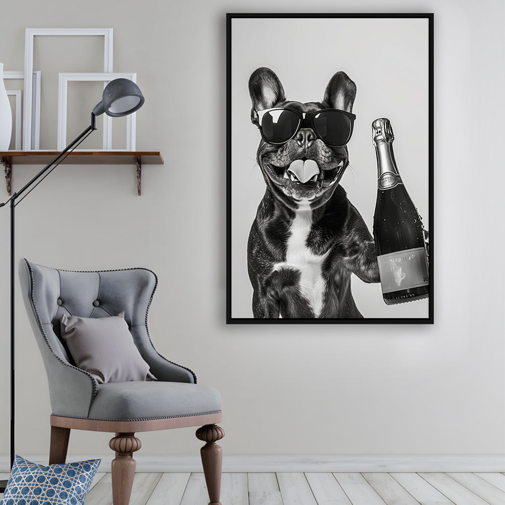 French Bulldog Holding Champagne Framed Canvas Print Wall Art, Black and White, Frenchie Gift, Pet Art, Home Bar Decor