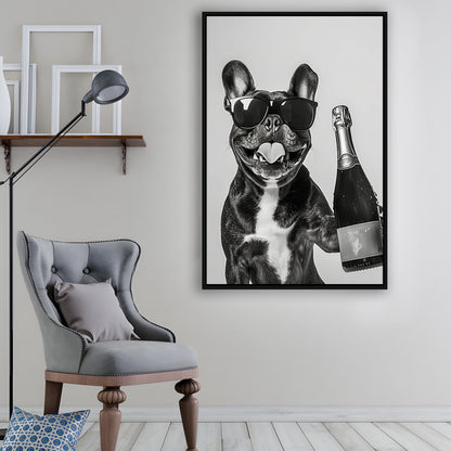 French Bulldog Holding Champagne Framed Canvas Print Wall Art, Black and White, Frenchie Gift, Pet Art, Home Bar Decor