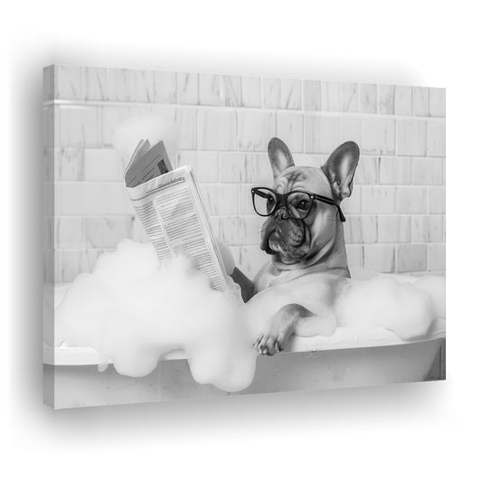 French Bulldog in Bathtub Canvas Print Wall Art, Frenchie Reading Newspaper in Bubble Bath, Black and White, Funny Dog Art