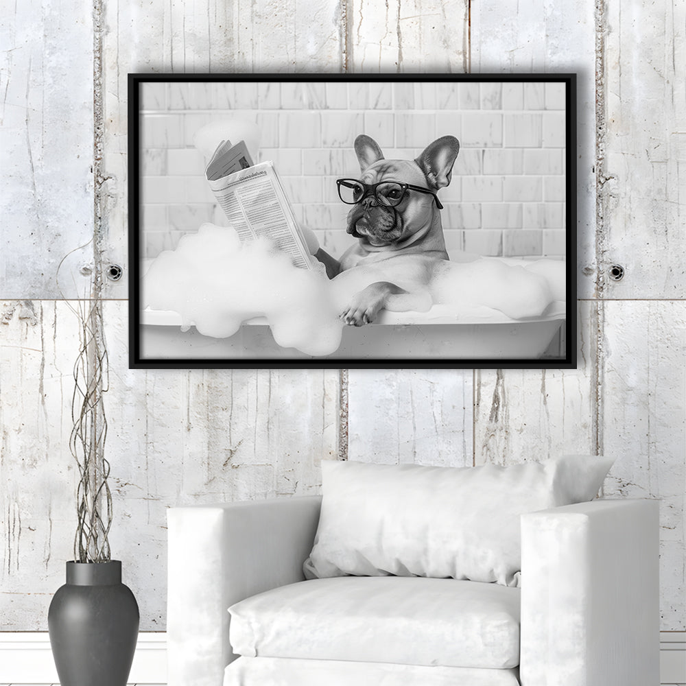 French Bulldog in Bathtub Framed Canvas Print Wall Art, Frenchie Reading Newspaper in Bubble Bath, Black and White