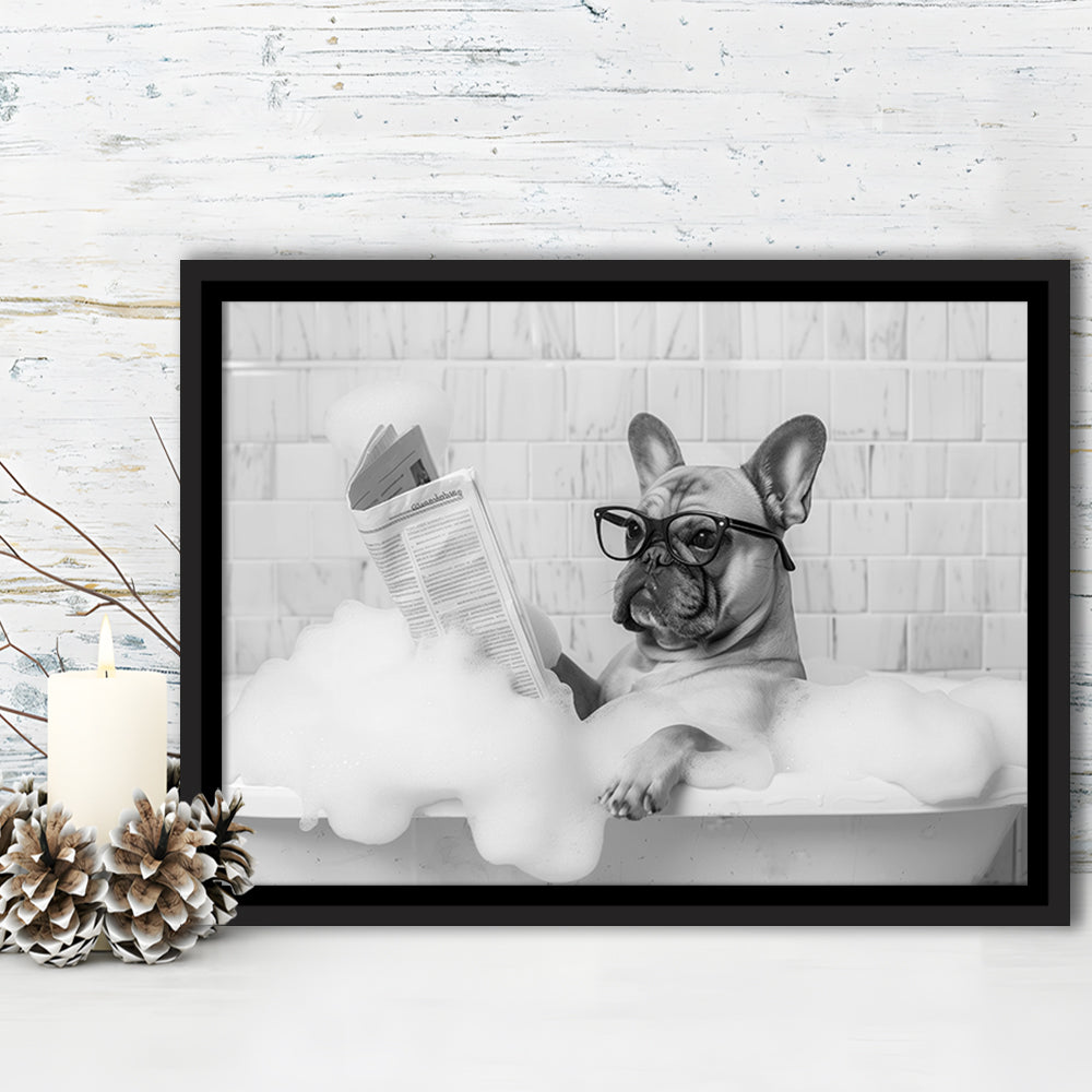 French Bulldog in Bathtub Framed Canvas Print Wall Art, Frenchie Reading Newspaper in Bubble Bath, Black and White