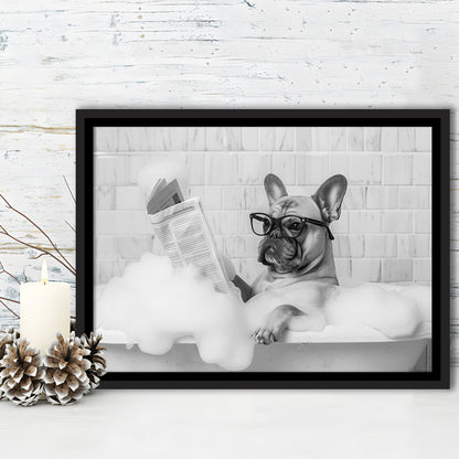 French Bulldog in Bathtub Framed Canvas Print Wall Art, Frenchie Reading Newspaper in Bubble Bath, Black and White