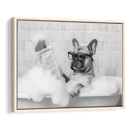French Bulldog in Bathtub Framed Canvas Print Wall Art, Frenchie Reading Newspaper in Bubble Bath, Black and White