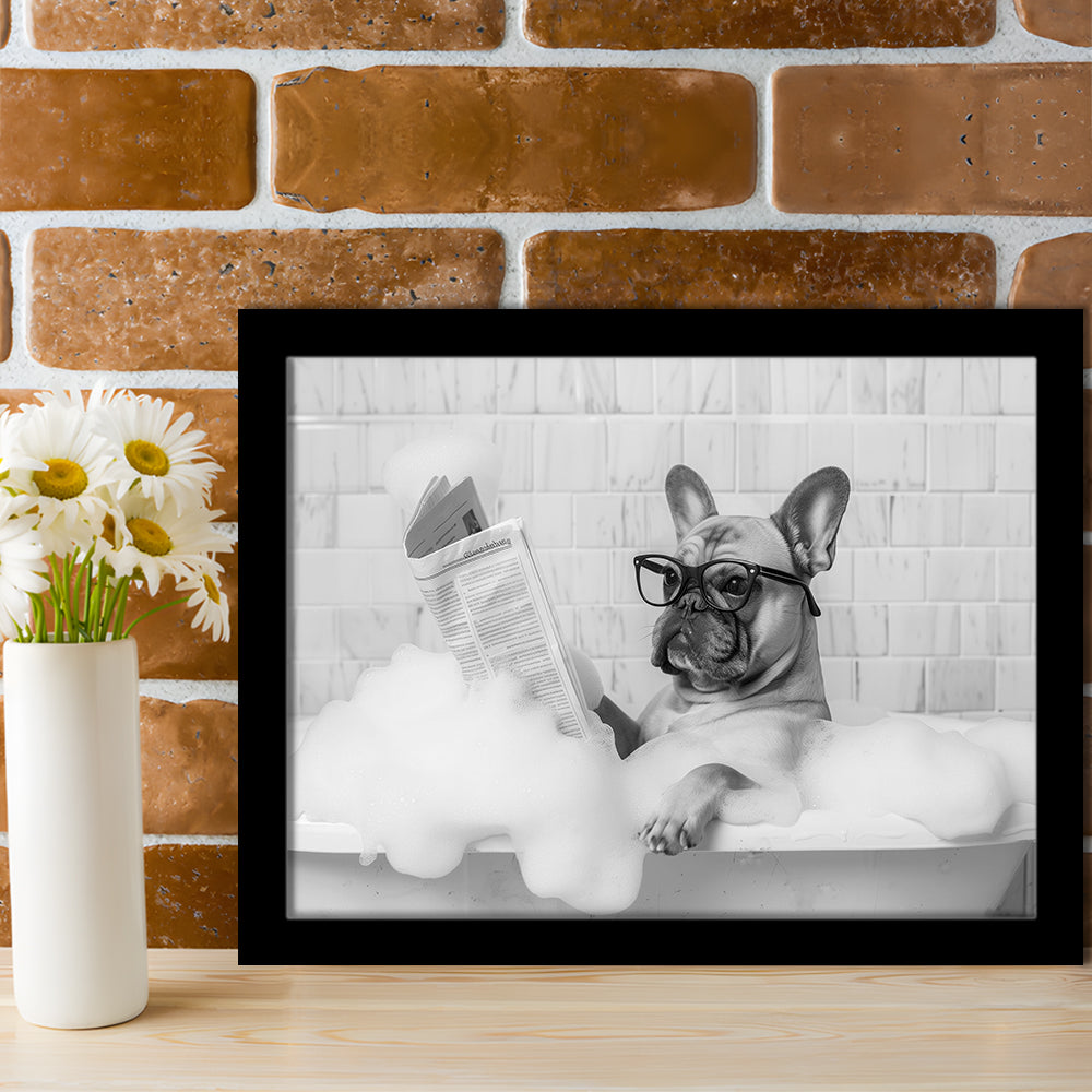 French Bulldog in Bathtub Framed Art Print Wall Decor, Frenchie Reading Newspaper in Bubble Bath, Black and White