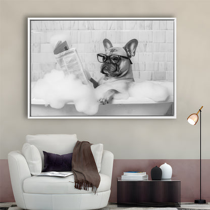 French Bulldog in Bathtub Framed Canvas Print Wall Art, Frenchie Reading Newspaper in Bubble Bath, Black and White