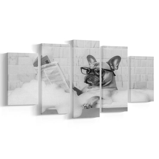 French Bulldog in Bathtub Mixed Canvas Print Wall Art, Frenchie Reading Newspaper in Bubble Bath, Black and White
