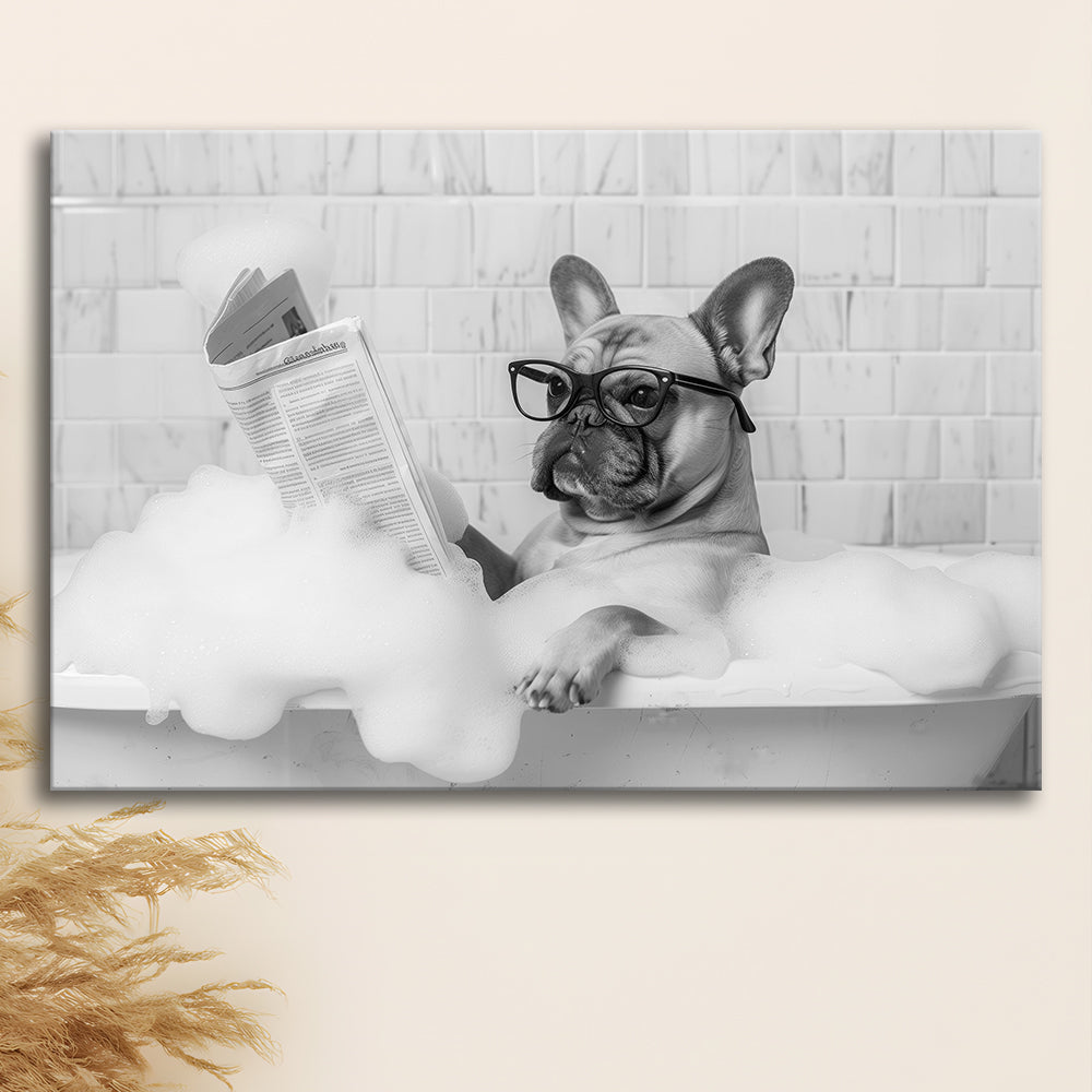 French Bulldog in Bathtub Canvas Print Wall Art, Frenchie Reading Newspaper in Bubble Bath, Black and White, Funny Dog Art