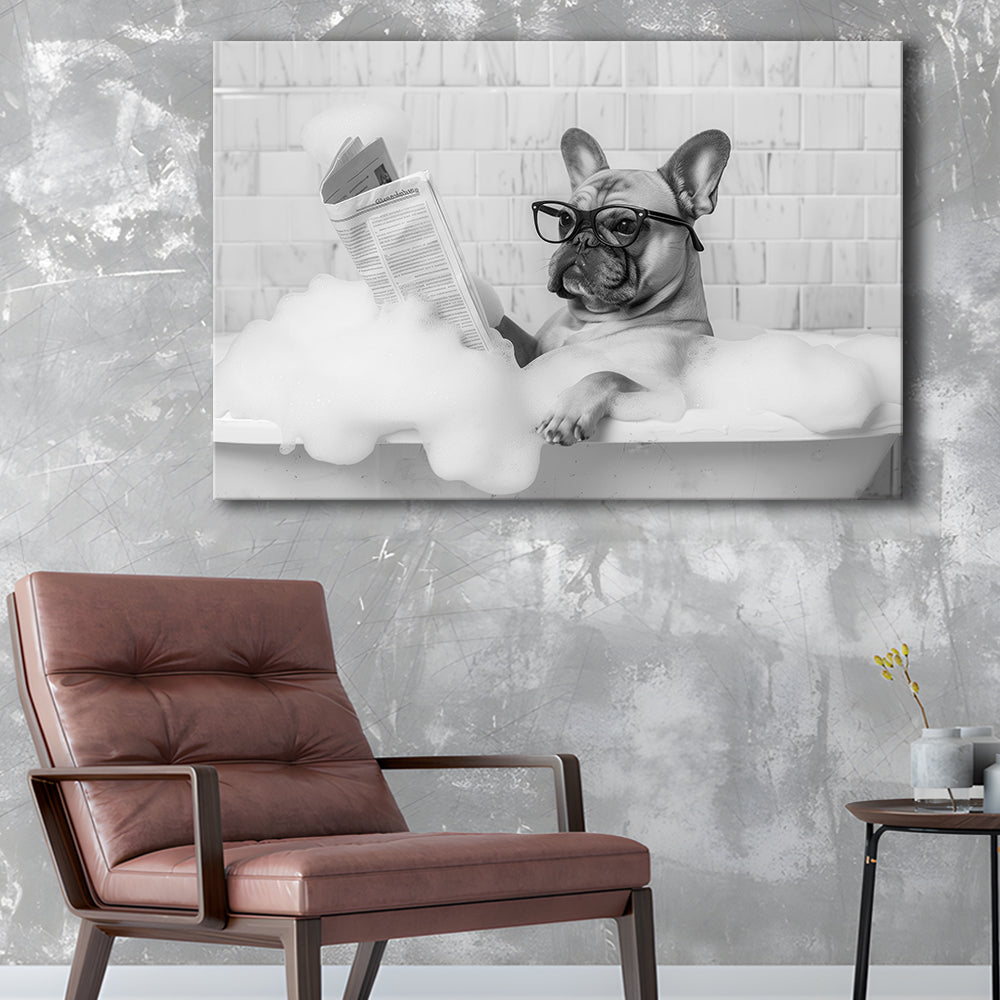 French Bulldog in Bathtub Canvas Print Wall Art, Frenchie Reading Newspaper in Bubble Bath, Black and White, Funny Dog Art