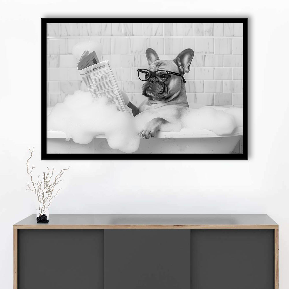 French Bulldog in Bathtub Framed Art Print Wall Decor, Frenchie Reading Newspaper in Bubble Bath, Black and White