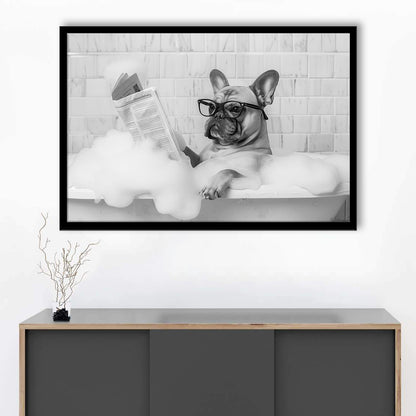 French Bulldog in Bathtub Framed Art Print Wall Decor, Frenchie Reading Newspaper in Bubble Bath, Black and White