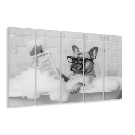 French Bulldog in Bathtub 5 Panels Canvas Print Wall Art, Frenchie Reading Newspaper in Bubble Bath, Black and White