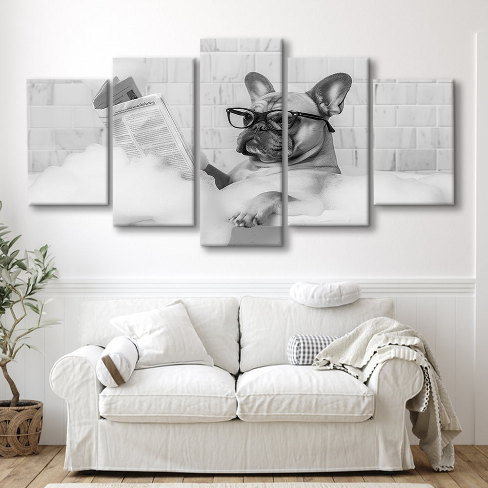 French Bulldog in Bathtub Mixed Canvas Print Wall Art, Frenchie Reading Newspaper in Bubble Bath, Black and White