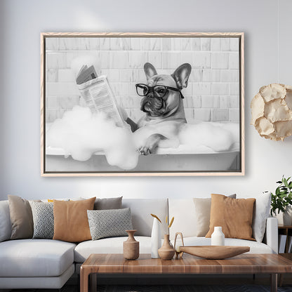 French Bulldog in Bathtub Framed Canvas Print Wall Art, Frenchie Reading Newspaper in Bubble Bath, Black and White