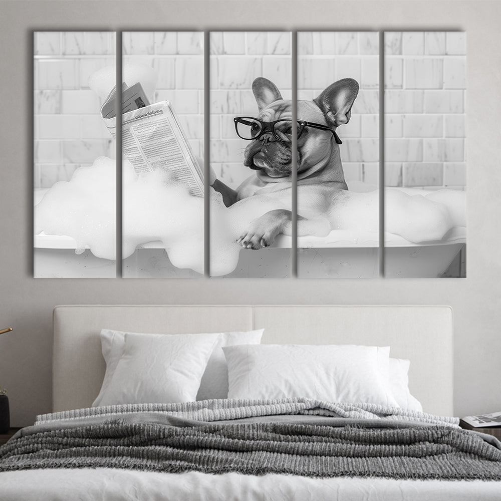 French Bulldog in Bathtub 5 Panels Canvas Print Wall Art, Frenchie Reading Newspaper in Bubble Bath, Black and White