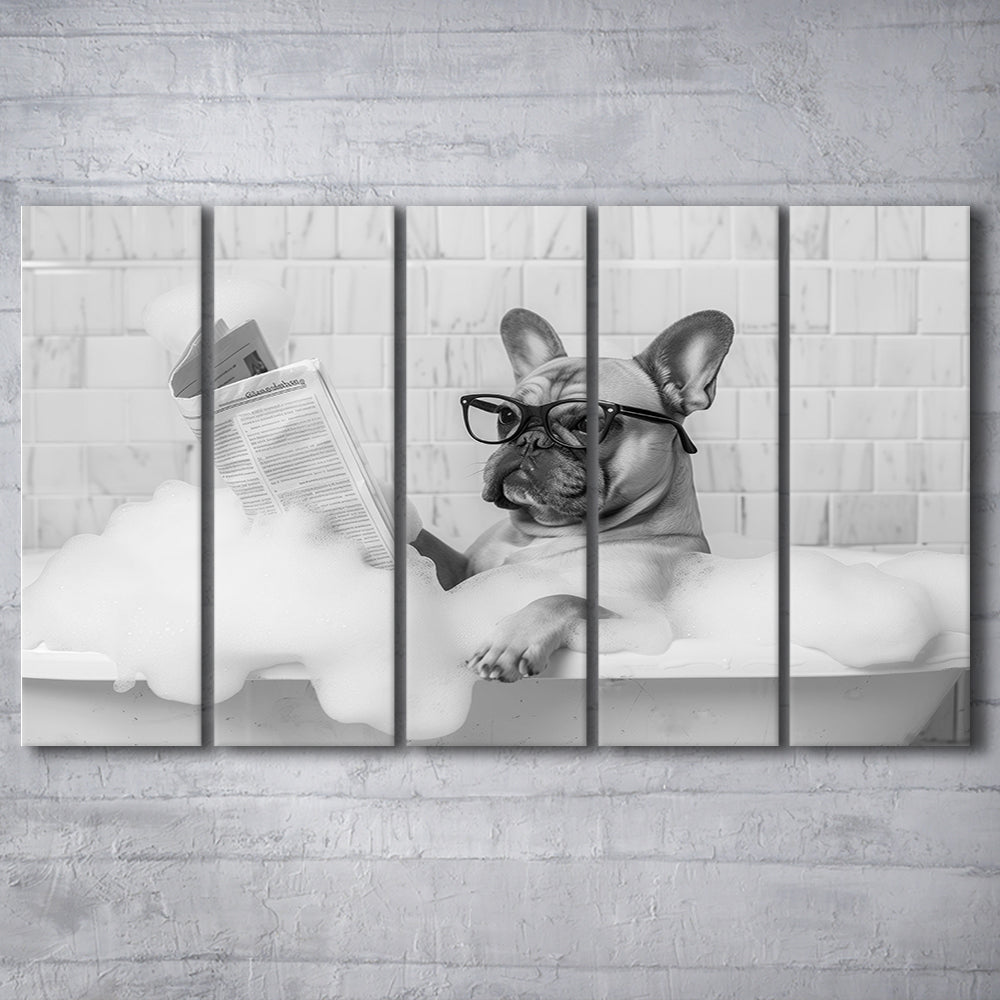 French Bulldog in Bathtub 5 Panels Canvas Print Wall Art, Frenchie Reading Newspaper in Bubble Bath, Black and White