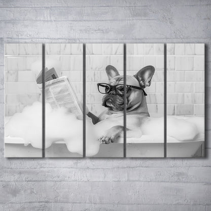 French Bulldog in Bathtub 5 Panels Canvas Print Wall Art, Frenchie Reading Newspaper in Bubble Bath, Black and White