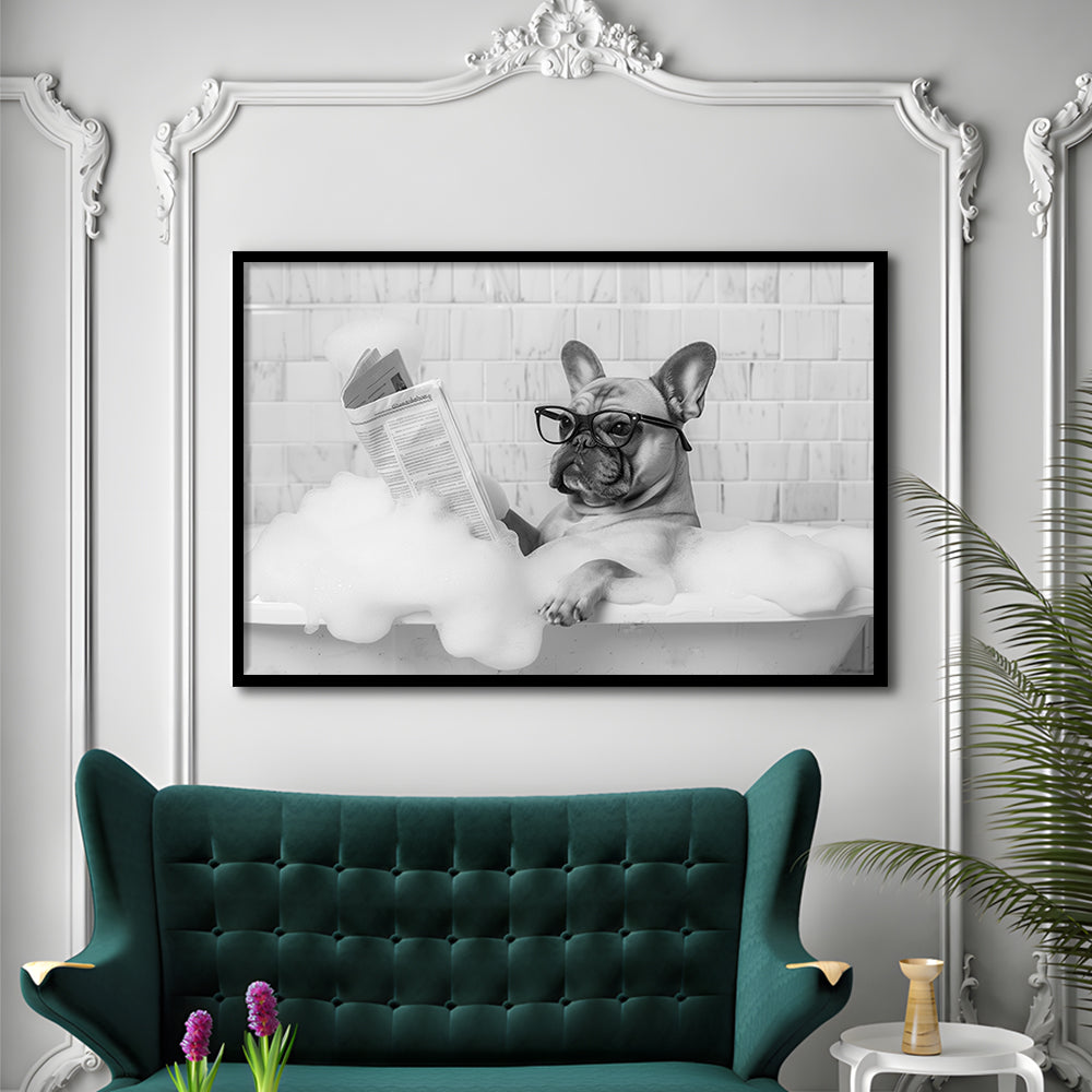 French Bulldog in Bathtub Framed Art Print Wall Decor, Frenchie Reading Newspaper in Bubble Bath, Black and White