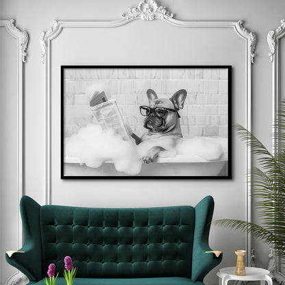 French Bulldog in Bathtub Framed Art Print Wall Decor, Frenchie Reading Newspaper in Bubble Bath, Black and White