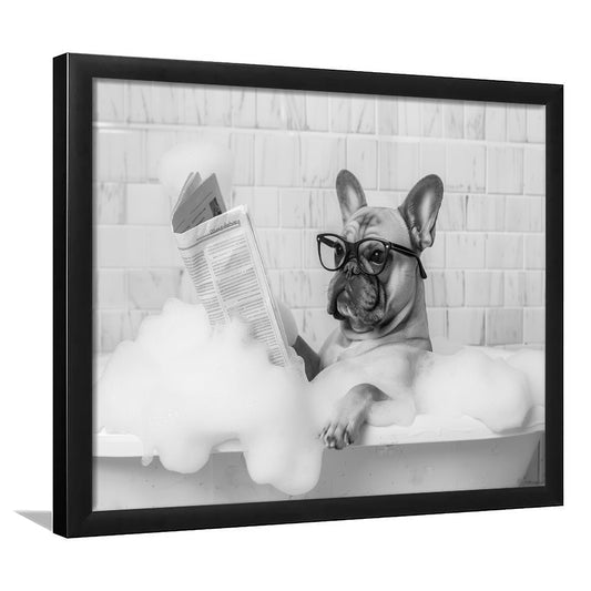 French Bulldog in Bathtub Framed Art Print Wall Decor, Frenchie Reading Newspaper in Bubble Bath, Black and White