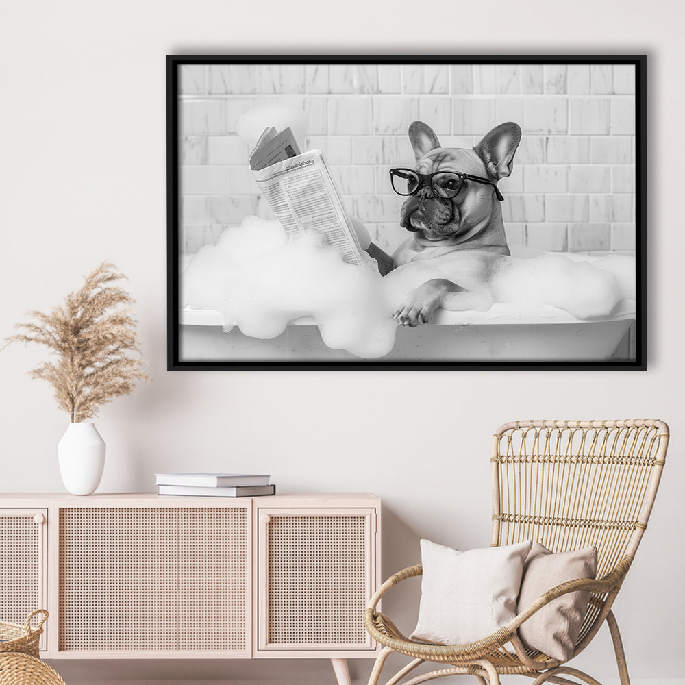 French Bulldog in Bathtub Framed Canvas Print Wall Art, Frenchie Reading Newspaper in Bubble Bath, Black and White
