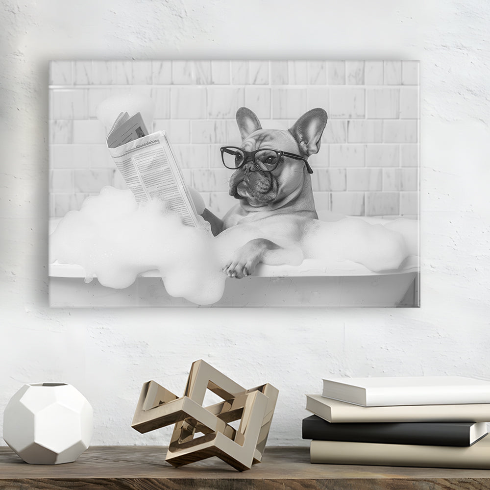 French Bulldog in Bathtub Canvas Print Wall Art, Frenchie Reading Newspaper in Bubble Bath, Black and White, Funny Dog Art