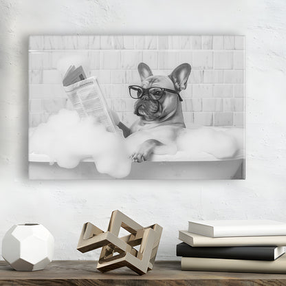 French Bulldog in Bathtub Canvas Print Wall Art, Frenchie Reading Newspaper in Bubble Bath, Black and White, Funny Dog Art