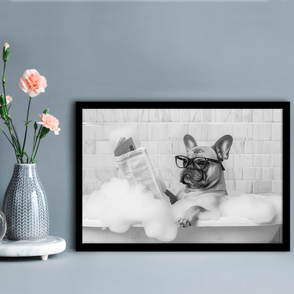 French Bulldog in Bathtub Framed Art Print Wall Decor, Frenchie Reading Newspaper in Bubble Bath, Black and White