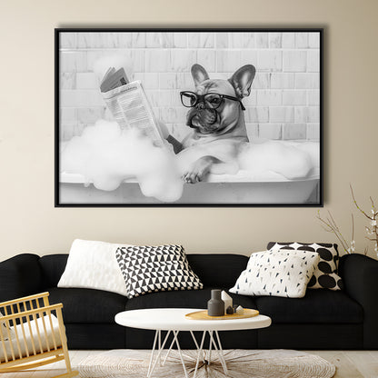 French Bulldog in Bathtub Framed Canvas Print Wall Art, Frenchie Reading Newspaper in Bubble Bath, Black and White