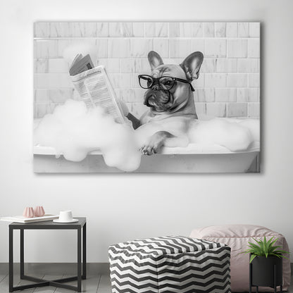French Bulldog in Bathtub Canvas Print Wall Art, Frenchie Reading Newspaper in Bubble Bath, Black and White, Funny Dog Art