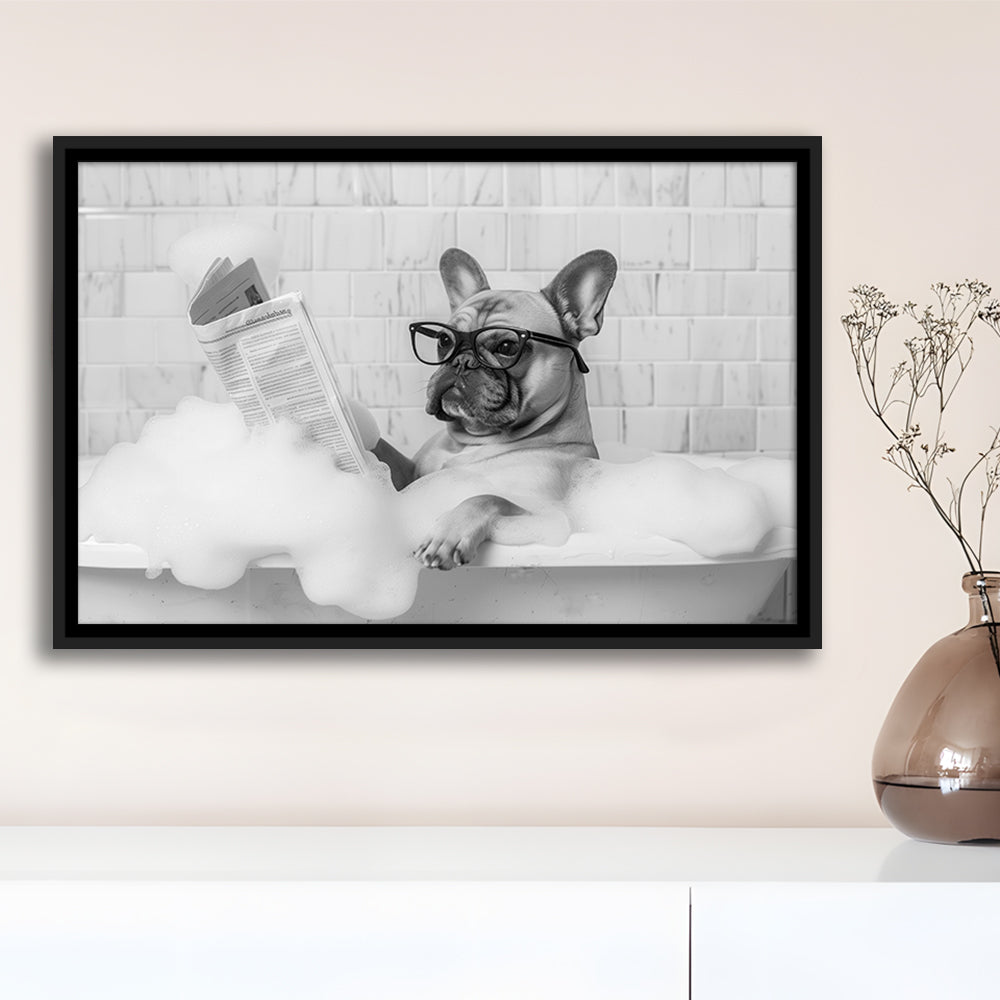 French Bulldog in Bathtub Framed Canvas Print Wall Art, Frenchie Reading Newspaper in Bubble Bath, Black and White