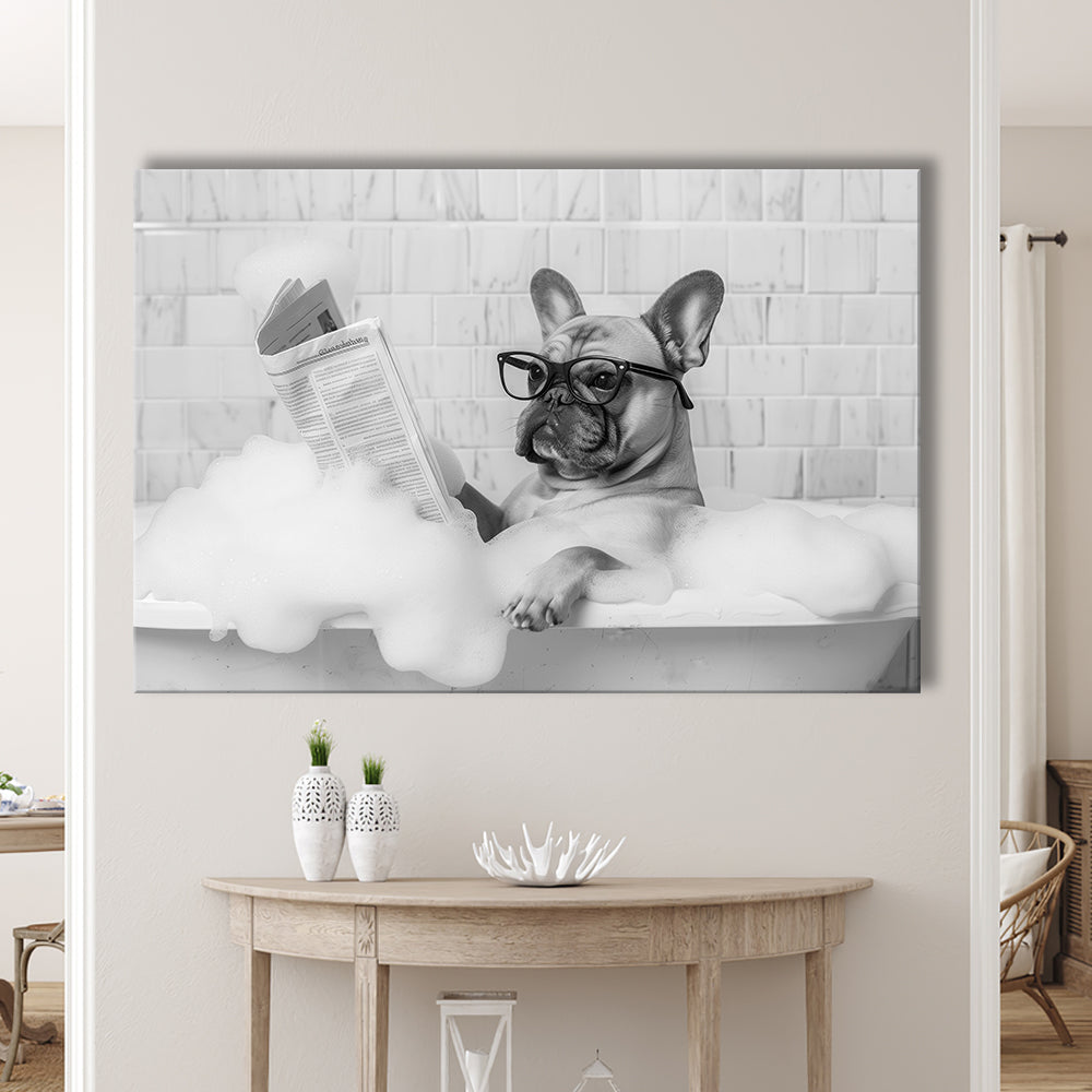 French Bulldog in Bathtub Canvas Print Wall Art, Frenchie Reading Newspaper in Bubble Bath, Black and White, Funny Dog Art
