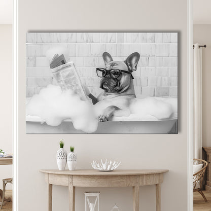 French Bulldog in Bathtub Canvas Print Wall Art, Frenchie Reading Newspaper in Bubble Bath, Black and White, Funny Dog Art