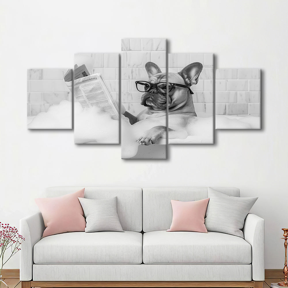 French Bulldog in Bathtub Mixed Canvas Print Wall Art, Frenchie Reading Newspaper in Bubble Bath, Black and White