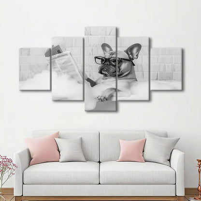 French Bulldog in Bathtub Mixed Canvas Print Wall Art, Frenchie Reading Newspaper in Bubble Bath, Black and White