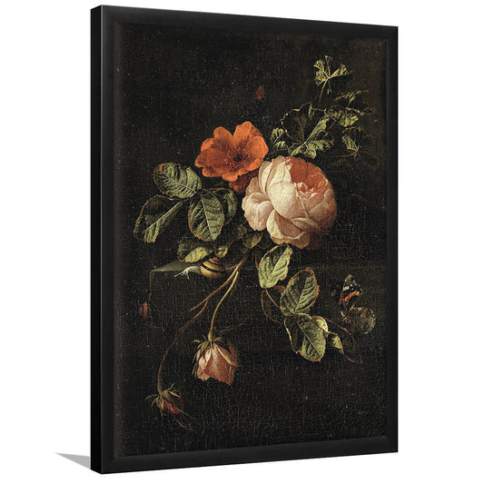 French Country Botanical Print Roses Still Life Moody Framed Art Print Wall Decor, Vintage Floral Print Farmhouse Decor