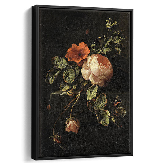 French Country Botanical Print Roses Still Life Moody Framed Canvas Print Wall Art, Vintage Floral Print Farmhouse Decor