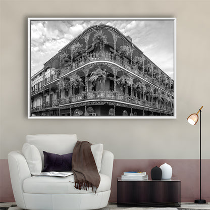 French Quarter New Orleans Los Angeles, Black and White, Vintage Wall Art, Floating Framed Canvas Print