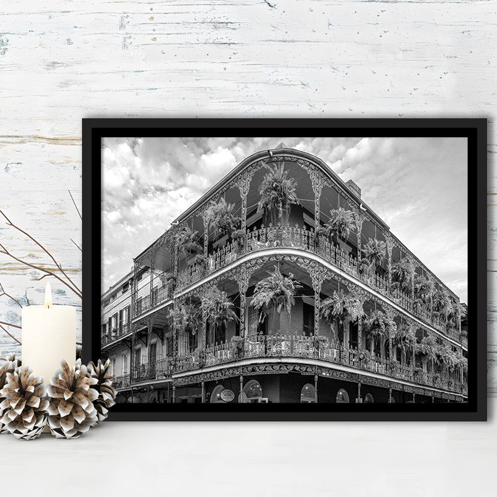 French Quarter New Orleans Los Angeles, Black and White, Vintage Wall Art, Floating Framed Canvas Print
