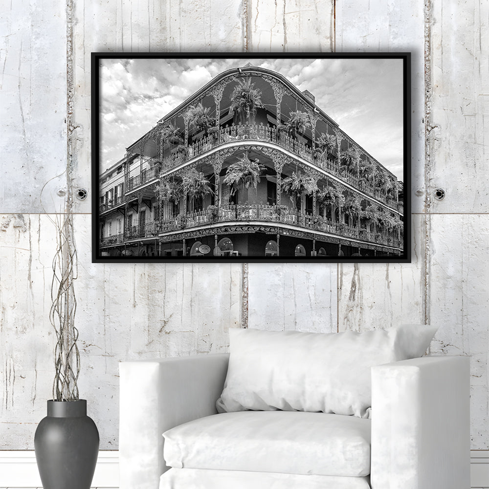 French Quarter New Orleans Los Angeles, Black and White, Vintage Wall Art, Floating Framed Canvas Print
