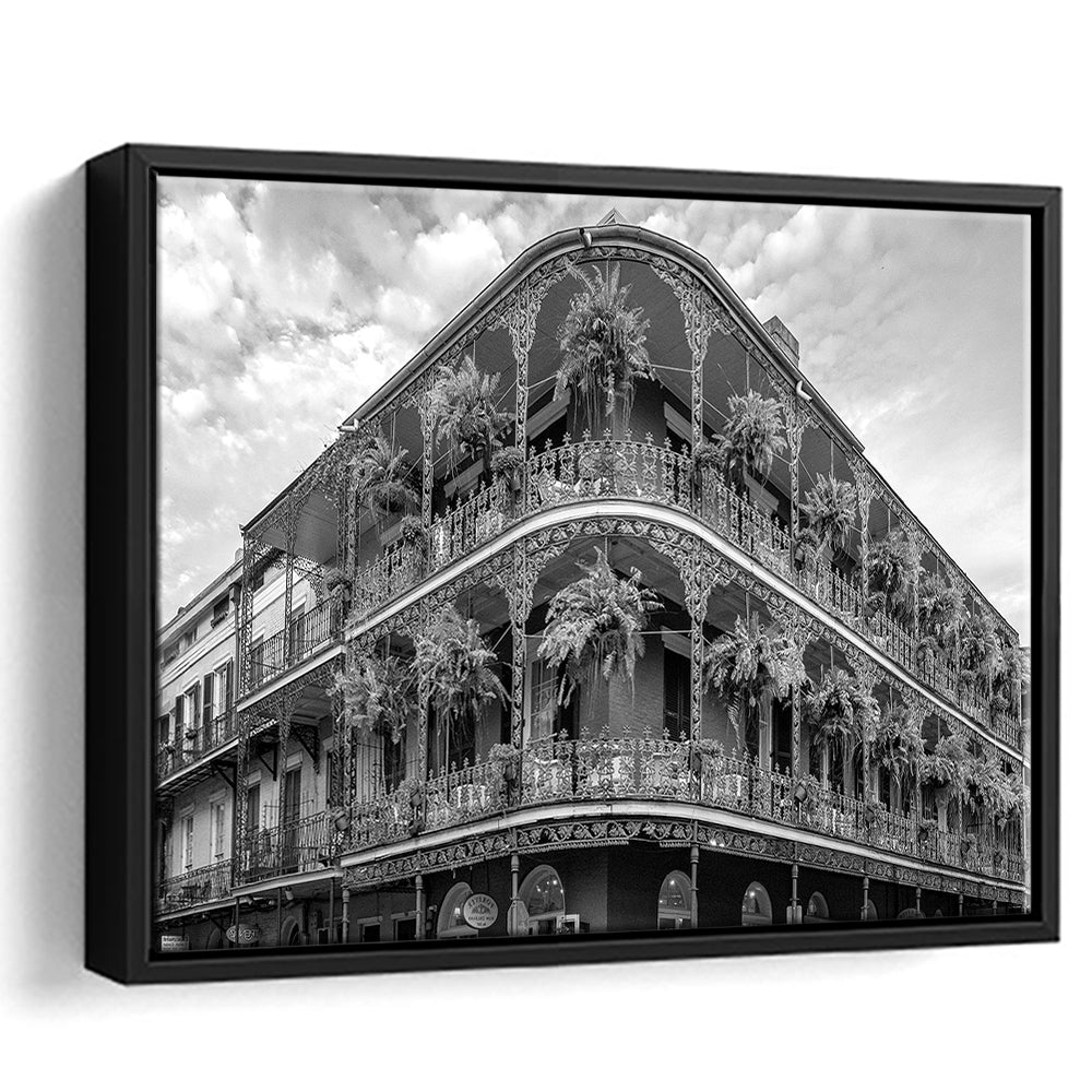 French Quarter New Orleans Los Angeles, Black and White, Vintage Wall Art, Floating Framed Canvas Print