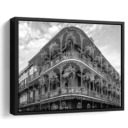 French Quarter New Orleans Los Angeles, Black and White, Vintage Wall Art, Floating Framed Canvas Print