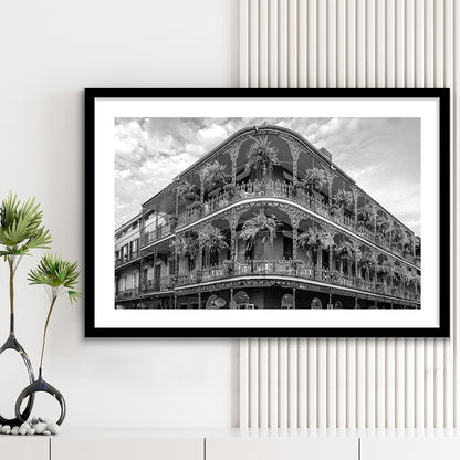 French Quarter New Orleans Los Angeles, Black and White, Vintage Wall Art, Framed Art Print White Border Wall Decor
