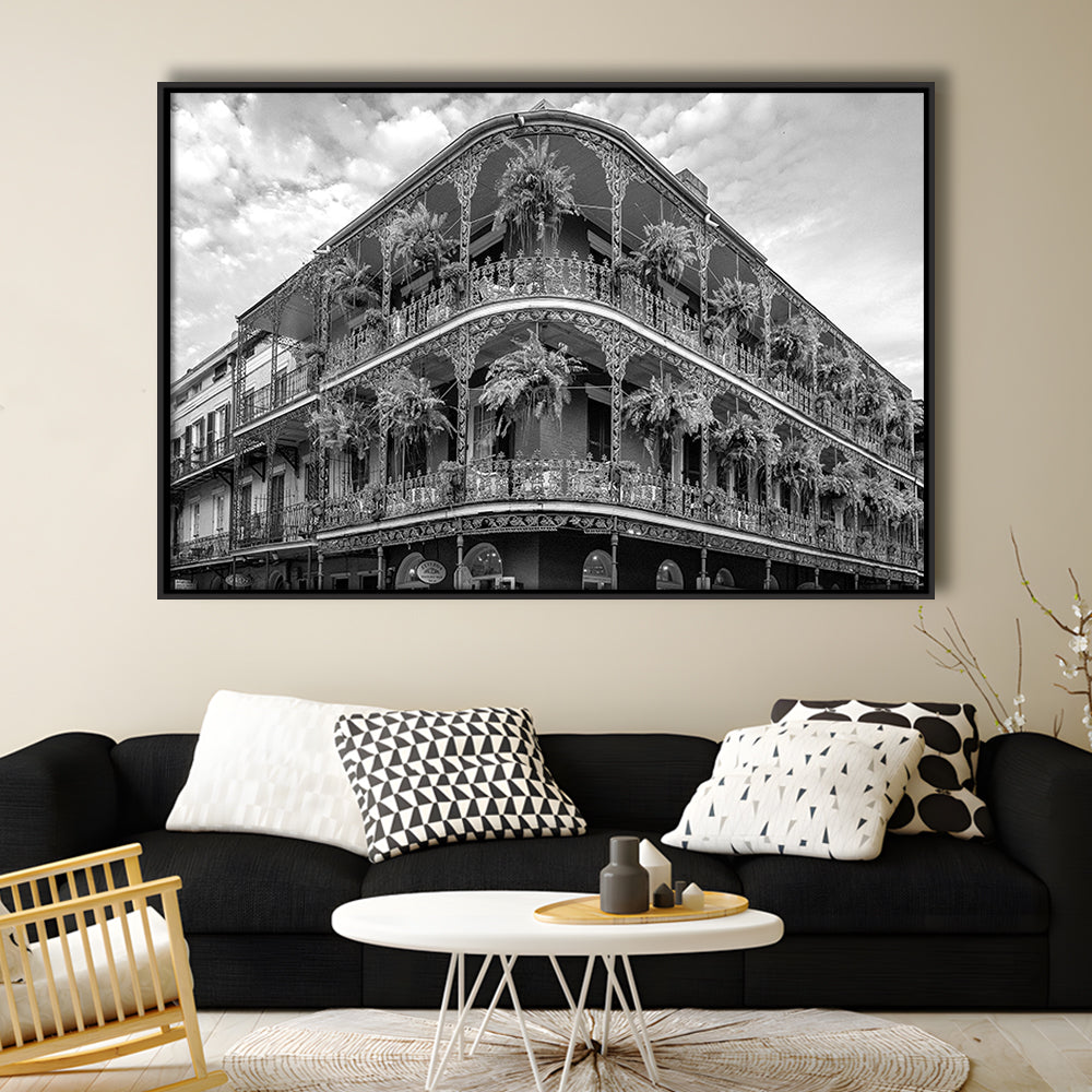 French Quarter New Orleans Los Angeles, Black and White, Vintage Wall Art, Floating Framed Canvas Print