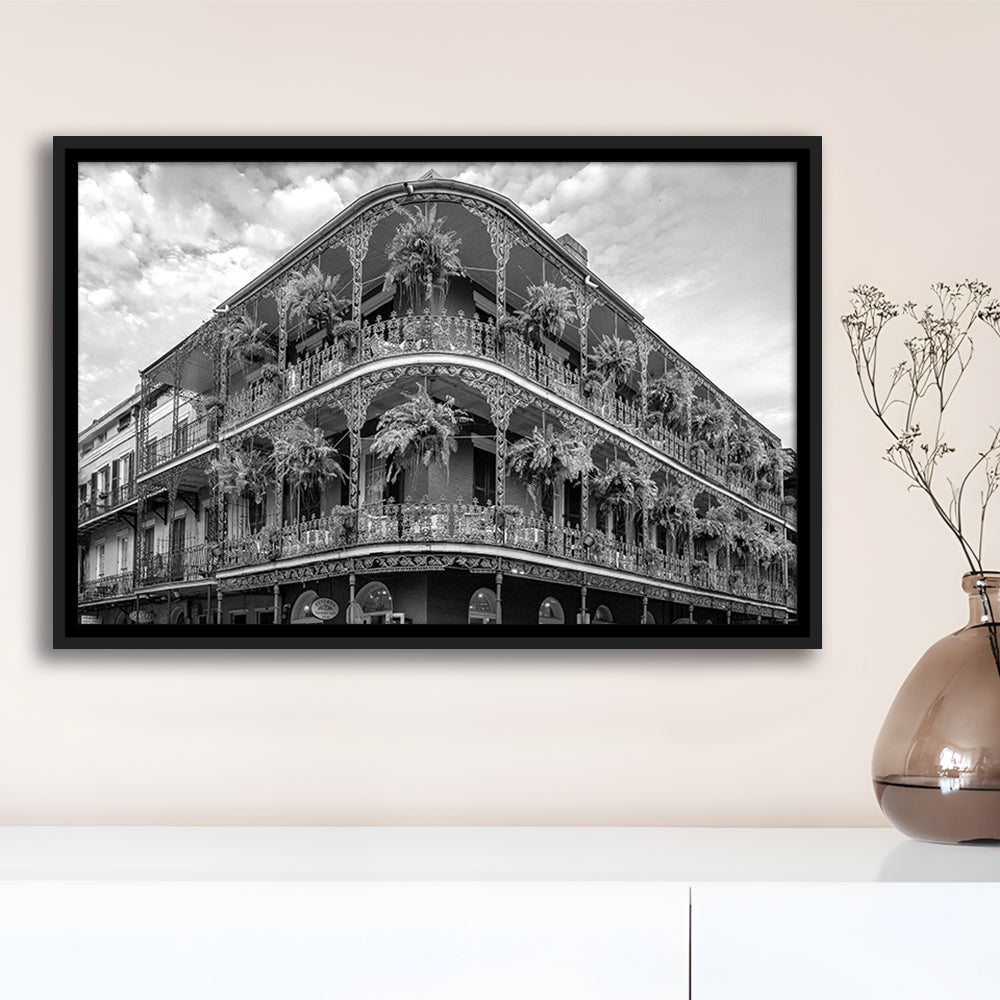 French Quarter New Orleans Los Angeles, Black and White, Vintage Wall Art, Floating Framed Canvas Print