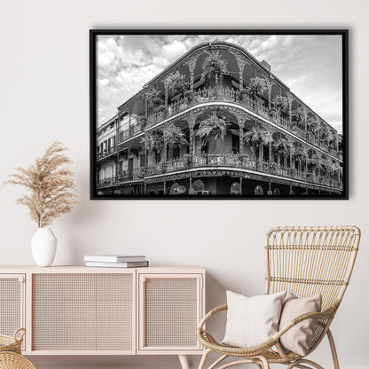 French Quarter New Orleans Los Angeles, Black and White, Vintage Wall Art, Floating Framed Canvas Print