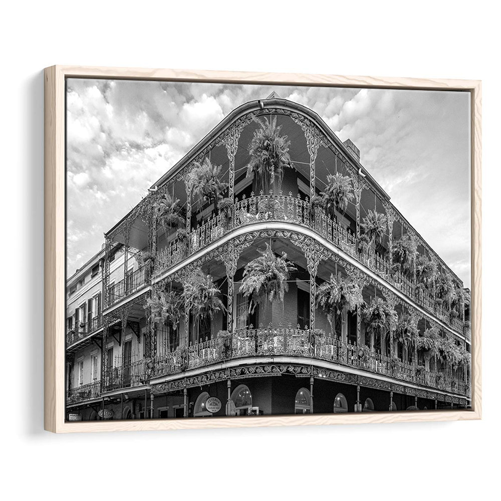 French Quarter New Orleans Los Angeles, Black and White, Vintage Wall Art, Floating Framed Canvas Print