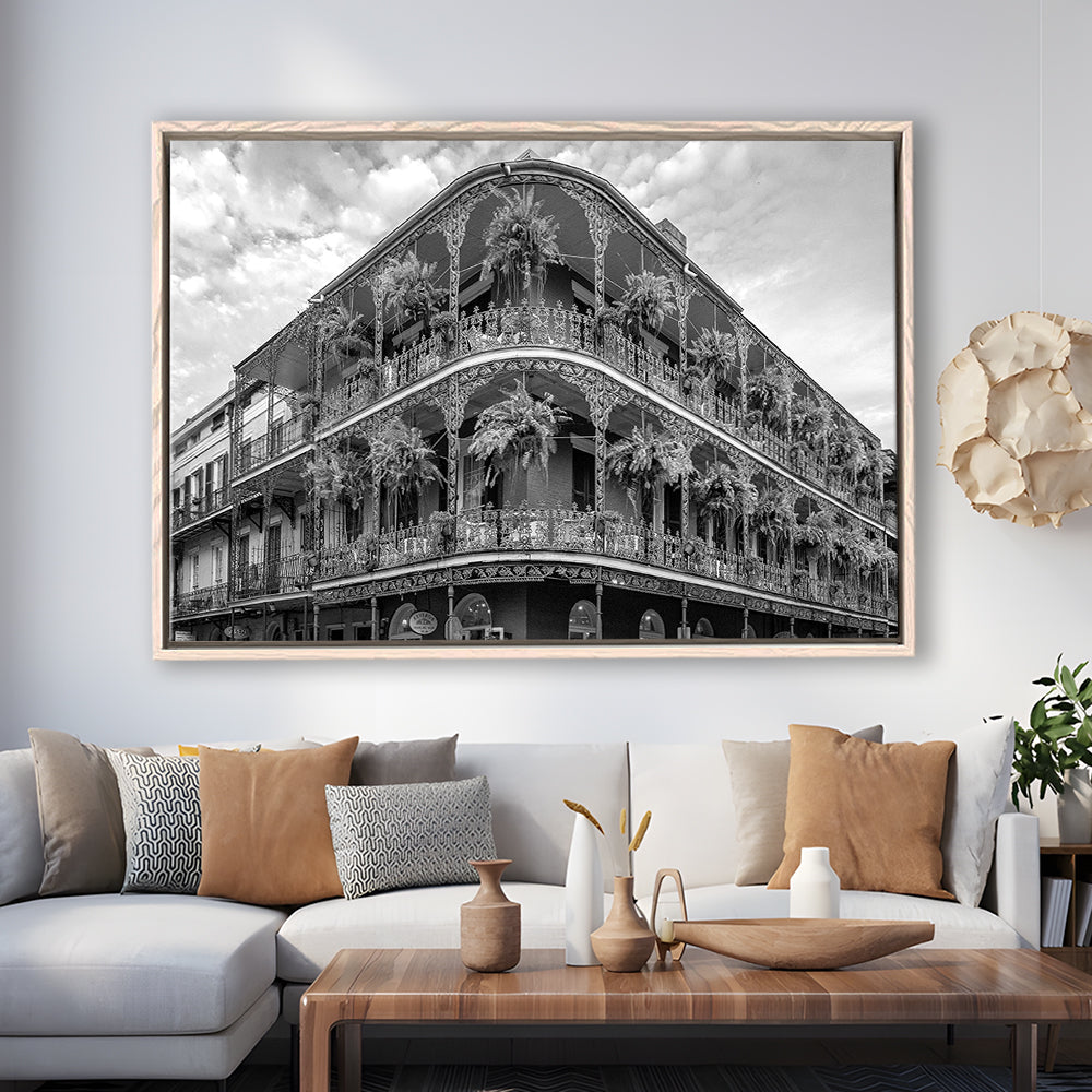 French Quarter New Orleans Los Angeles, Black and White, Vintage Wall Art, Floating Framed Canvas Print
