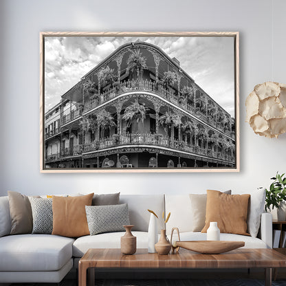 French Quarter New Orleans Los Angeles, Black and White, Vintage Wall Art, Floating Framed Canvas Print