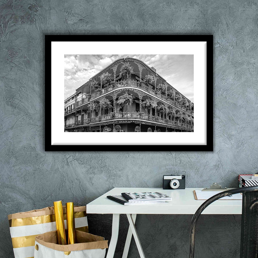 French Quarter New Orleans Los Angeles, Black and White, Vintage Wall Art, Framed Art Print White Border Wall Decor