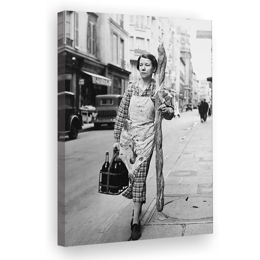 French Woman With Baguette and Wine Canvas Print Wall Art, Black and White, Vintage Photo, Retro Wall Decor